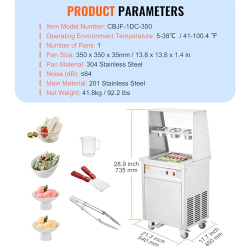 Image of VEVOR Fried Ice Cream Roll Machine, 13.8 inch x 13.8 inch Square Stir-Fried Ice Cream Pan, Stainless Steel Commercial Rolled Ice Cream Maker with Compressor and 2 Scrapers, for Making Ice Cream, Frozen Yogurt