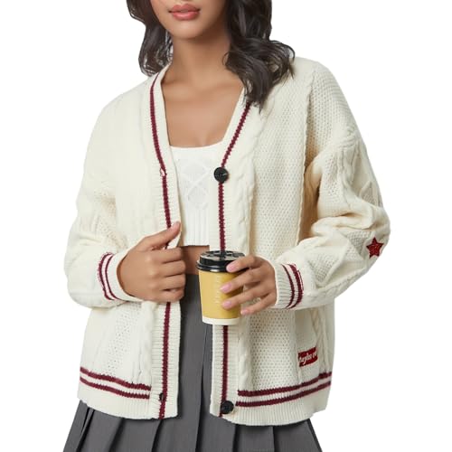Image of Women's Long Sleeve Cardigan V Neck Stars Button Down Oversized Open Front Sweaters Casual Cable Batwing Knitted Coat