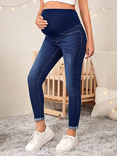 Floerns Women's Maternity High Waist Ripped Hem Denim Jeans Pants With Pocket A Dark Blue Xxl #TOP4