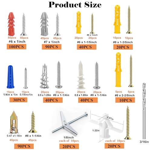 Image of 501PCS Drywall Anchors and Toggle Bolts with Screws Kit, 250PCS Dry Wall Anchors and 250PCS Expansion Screws (2026 Upgraded),11 Sizes Sheetrock Anchors Screws Kit for Wall Art Decor