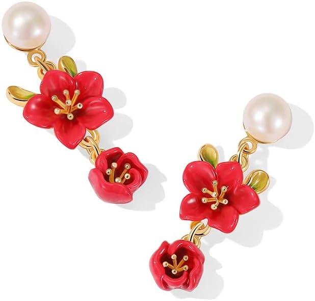Red Flower And Pearl Enamel Dangle Stud Earrings Jewelry Gift