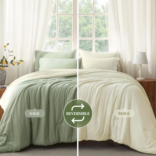Image of Full Size Comforter Set, Comforters Full Size Luxury and Ultra-Soft Jersey Knit Bedding Set, Sage Green /Beige Lightweight Down Alternative Bed Comforter for All Season, 3 Piece Bedding Set