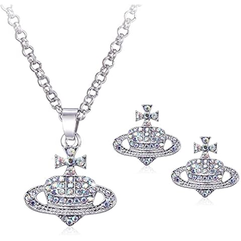 MOTONG 2 in 1 Combination Set Planet Earrings, Necklace, Alloy Composition Heart Planet Stud Inlaid Colorful Rhinestone Design,Jewellery Pendant Valentine's Day Gifts for Women Girl (Earring+Necklace) Cover