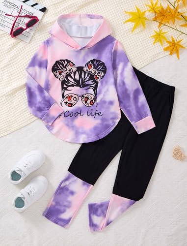 Image of Girls 2 Pcs Fall Winter Tie Dye & Leggings Outfits For Teens 5-14 | 2026 Girls Fashion Trendy, Long Sleeve Hoodie, Cool Life Print, Patchwork Pants, Back to School Holiday Tracksuit