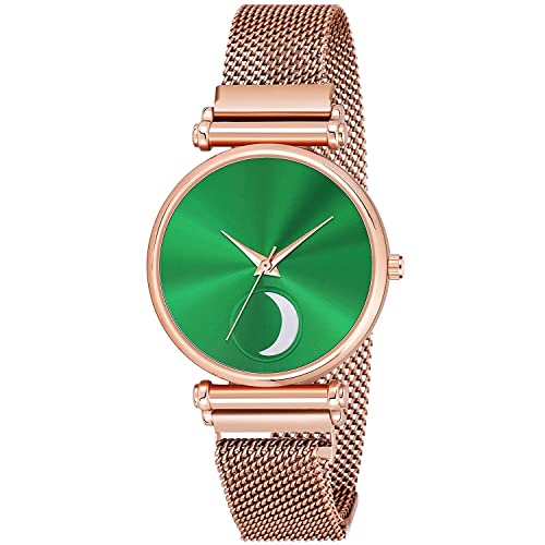 KDN COLLECTIONS Branded Leather Strapped and Magnet Straped Watches for Girls and Women (Green)