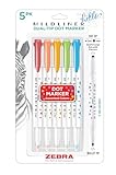 Zebra Pen Mildliner Dual-Tip Dot Stamp Marker, Water-Based Pigment Ink, Extra Fine Bullet & Dot Stamp Tips, Assorted Colors, 5-Pack (73405)