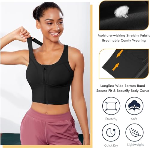 Image of GLAMORAS Women Polyester Spandex Medium Impact Front Zip Sports Bra Longline Fitness Criss Cross Back Crop Tops for Gym, Yoga & Workout - Size: M-2XL