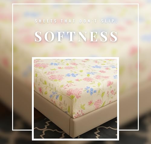 Image of HOMEKART 120 TC Cotton Rich Elastic Corner Fitted Bedsheet with 2 Pillow Covers | Double Bed 72x68+6 Inches | Wrinkle-Free, Super Soft & Breathable Floral Design | Pink & Blue