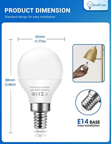 E14 LED Light Bulb, JandCase 6W Small Screw Light Bulb, E14 60W Equivalent, 6000K Cool White Light Bulbs, 600LM E14 Golf Ball Bulb, Non-Dimmable, G45 P45 Energy Saving Light Bulbs, 6 Pack