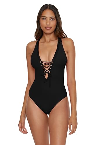BECCA Modern Edge - Women's Plunge One Piece Swimsuit, Adjustable,