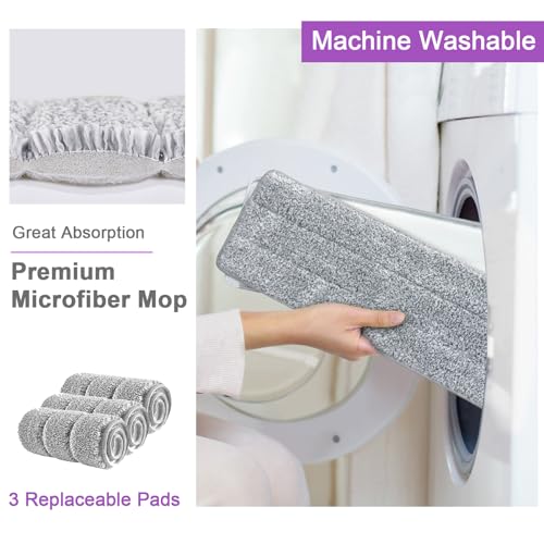 Image of BOSHENG Mop and Bucket with Wringer Set, Hands Free Flat Floor Mop and Bucket, 3 Washable Microfiber Pads Included, Wet and Dry Use, Home Floor Cleaning System for All Floor Types and Windows, Purple