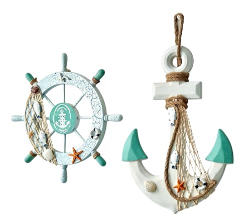 Jsdzsm Nautical Wall Decor 2-Pack – 11" Wooden Ship Wheel & 13" Anchor with Rope, Coastal Beach Wall Art for Living Room, Nautical Bathroom Decor & Outdoor Beach Decor – Wooden Anchor