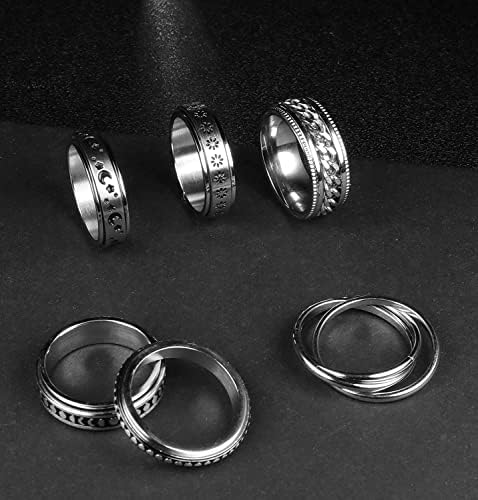 LOLIAS 6 Pcs Stainless Steel Spinner Rings for Women Mens Band Fidget Rings for Anxiety Stress Relieving Moon Star Flower Chain Link Spinner Anxiety Ring Set