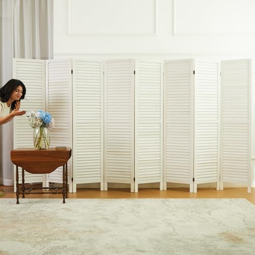 Room Dividers and Folding Privacy Screens, Wood Louvered Separators Divider Wall for Home Office Bedroom - 8 Panels (White-Washed)