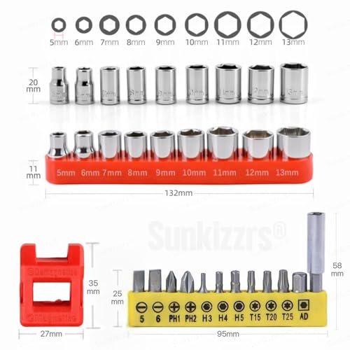 Image of Sunkizzrs 23-Pcs Ratchet Wrench Screwdriver Bit Set with Magnetizer | 1 /4 inch(6.35mm) Drive Hex Socket Set (5mm-13mm) -12 in 1 Screwdriver Bit Set with 1 /4 inch Extension Bit Holder