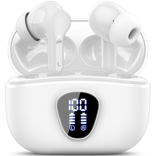 Cuffie Bluetooth, Auricolari Bluetooth 5.4 con Stereo HiFi, Cuffie Wireless in Ear 4 Mic ENC Cancellazione Rumore, 40 Ore, LED Display, USB-C, IP7 Impermeabili Cuffiette Sport per iOS Android, Bianco