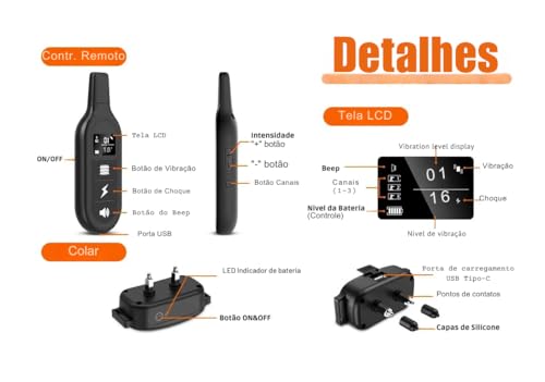 Coleira Anti Latido e adestramento para Cães, Controle Remoto 1000m, 3 Modos, À Prova D'Água, Carre