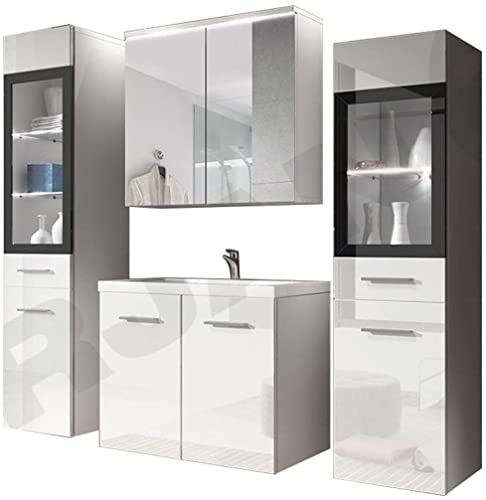 PIASKI Conjunto de Muebles de baño Udine, Lavabo Incluido, Juego de Muebles de baño, Armario Alto, Mueble de Lavabo, Espejo, Armario acristalado, sifón y lavaboincluido (Blanco LED) (UDINE I SAN REMO) Cover