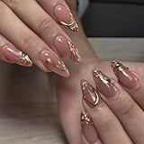 CTTHNBD Press on Nails Almond - Medium Fake Nails with Gold Stripes Design - Golden Full Cover Stick on False Nails - for Women 24 Pcs