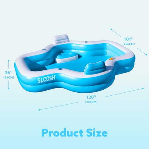 SLOOSH Inflatable Pool for Family with Seats, 120\" x 101\" x 26\" Full-Sized Blow Up Durable Thickened Above Ground Pool with Backrest Cup Holders,Swimming Pools for Backyard Summer Water Lawn, Blue