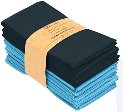Ruvanti Cloth Napkins 12 Pack 18X18 Inch Dinner Table Napkins, Soft, Comfortable Cotton Enrich, Teal & Dark Grey Napkin, Reusable Linen Napkins for Christmas, Dinner, Weddings, Bar, Cocktail Party.