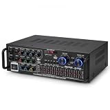 HiFi Stereo Verstärker 2000W, Subwoofer Heimkino Verstärker mit Bluetooth 5.4 Audio-Receiver FM USB SD AUX Karaoke, 10 Band Equalizer Mixer, 4 Mikrofoneingänge, Line Ausgang, 12V DC für Auto