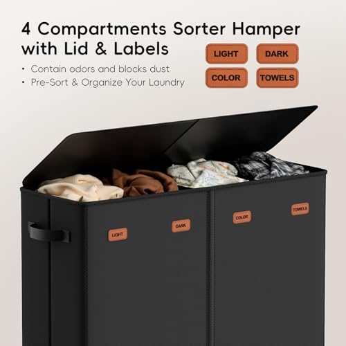 Image of 185L Laundry Hamper 4 Section with Lid | 4 Removable Bags + 1 Extra Large Bag, Switchable 3 /4 Compartment, Laundry Basket Organizer for Bedroom, Laundry Room