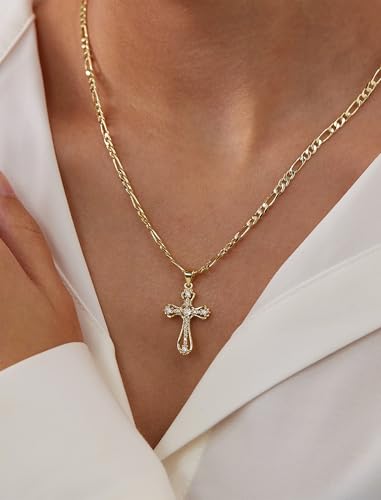 14K Gold Plated Cross Necklace for Women, Cubic Zirconia Copper Cross Pendant, Valentine Mother's Day Gifts for Her with Jewelry Box Figaro Link Chain, Alloy Infinity CZ Diamond Bridal Wedding3