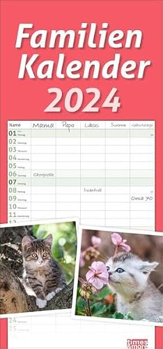 Katzen Familienplaner 2024. Ein praktischer Kalender mit 5 Spalten für Pläne, Termine und Notizen der ganzen Familie. Niedliche Katzenfotos in einem nützlichen Familienkalender.