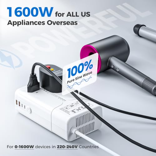 Image of 1600W Pure Sine Wave Voltage Converter US to Europe for Hair Dryer Straightener Curling Iron-220V to 110V Converter for European Travel, 6 in1 Power Converter Adapter Combo with UK /AU /EU Plug Adapters