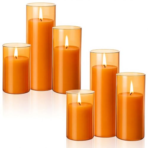 Shihanee Set of 6 Pillar Candles and Glass Cylinder Vases Clear Cylinder CandleHolders for Slim Tall Pillar Candles Wedding Centerpieces(2.8'' X 4.7