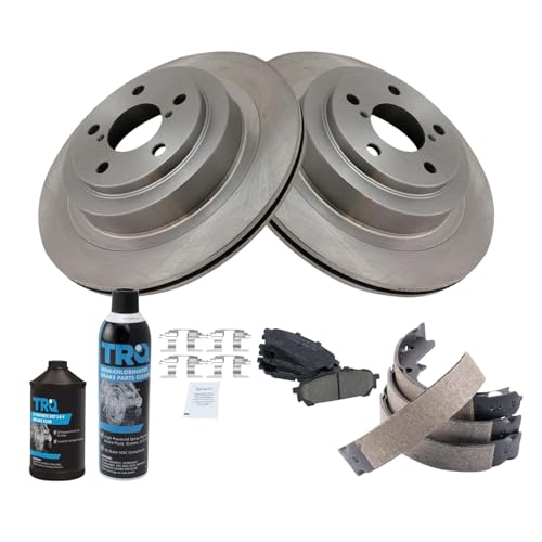 Image of TRQ Rear Brake Pad & Rotor Kit, with Chemical Kit Parking Brake Shoe Set Ceramic Compatible with 2006-2007 Subaru Impreza
