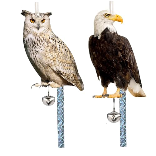 Búho espantapájaros de jardín impermeable con cinta disuasoria y campana pack de 2 piezas 8