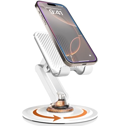 COOPER 360° Stand - Soporte Movil para Mesa Ajustable | Rotación de 360° con Clic, Múltiples Ángulos, Base Metálica No Deslizante, Plegable y Portátil | Soporte Movil Cama, Soporte iPhone (Blanco)