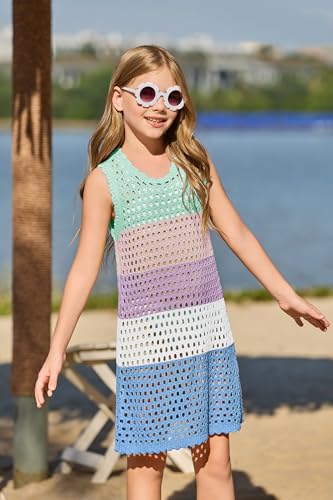 Image of Haloumoning Girls Color Block Crochet Knit Swim Cover up Kids Summer Sleeveless Beach Dress 5-14 Years