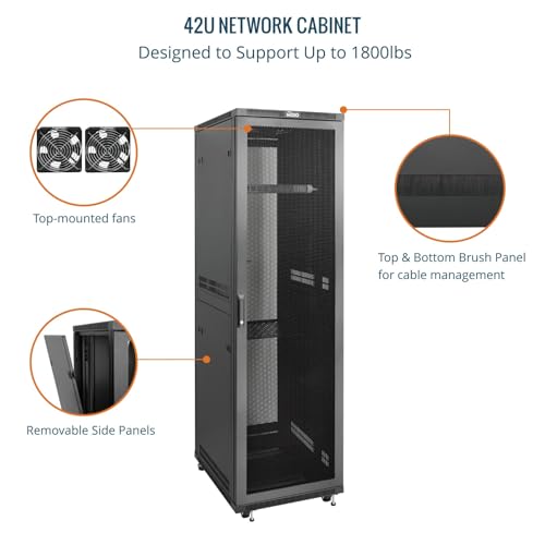 Image of Tecmojo 42U Server Rack Network Cabinet 23.6 inch D x 23.6 inch W, Locking Data Cabinet Enclosure for 19 inch Server, Networking, AV & IT Equipment, Mesh Door, Black
