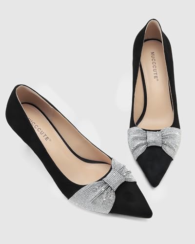 MUCCCUTE Women's Pumps Kitten Heels Closed Toe Heels for Women Pointed Toe Rhinestones Bow Office Dress Shoes4