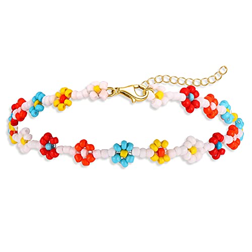 Image of Beaded Anklets for Women Boho Cute Daisy Flower Bead Ankle Bracelets Handmade Waterproof Surfer Anklet Summer Beach Foot Jewelry for Women