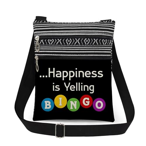 XiaoGalaee Happiness is Yelling Bingo Print Messenger Bag Bingo Game Adjustable Strap Crossbody Bag Colorful Letter Circles for Adults Wallet Fun Birthday Gift for Women Men Game Night (Black)