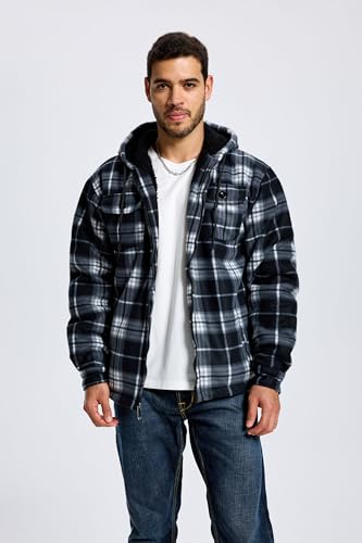 Image of TanBridge Men's Cotton Plaid Shirts Jacket Full Zip Fleece Flannel Sherpa Lined Hoodies Heavyweight Hoodies Jacket for Men
