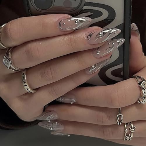 24PCS Silver French Tip Press on Nails with Rhinestones - Gothic Almond Shape Stick on Nails Medium with Jelly Adhesive Tabs, ABS Material, 12 Sizes for Women and Girls, Full Set Glossy Glamour