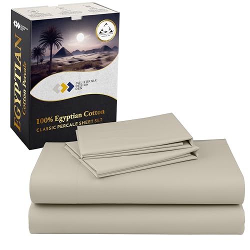 California Design Den Certified 100% Egyptian Cotton Sheets California King Size Set - Lightweight Percale California King Sheet Set with Deep Pockets, Cool, Crisp & Durable Luxury Bedding Set - Beige