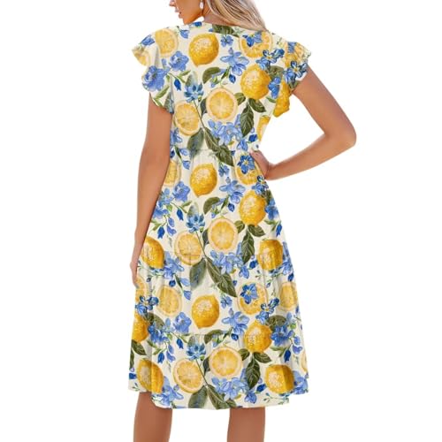 Image of Women's Casual Ruffle Sleeve Dress V Neck Pullover Dress Flowy A-Line Pleated Lightweight Dress with Pockets