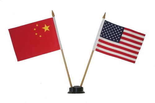 USA & CHINA Small 4 X 6 Inch Mini Double Country Stick Flag Banner with BLACK STAND on a 10 Inch Plastic Pole New