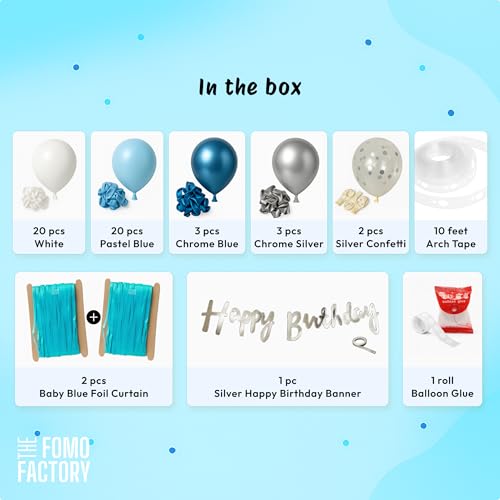 Image of The FOMO Factory 53 Pcs Pastel Blue Birthday Decoration Kit | Metallic Shiny Balloon Arch + Large Pastel Blue Curtain + HBD Banner | Easy Birthday Decoration for Boy, DIY Kids Party Prop (Blue53)