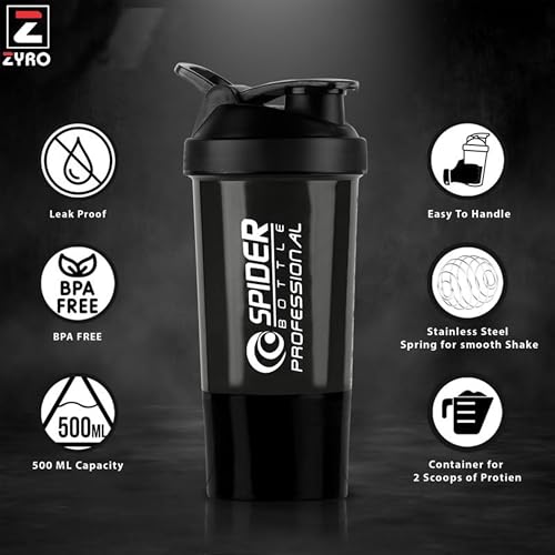 Image of Zyro Spider Gym Shaker Bottle, Shakers for Protein Shake 500 Ml with 1 Storage Compartment Gym protein shaker for workout (Pack of 1, Black)