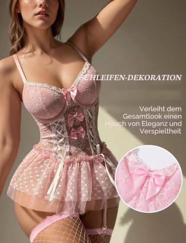 FEOYA Sexy Dessous Sets für Damen Spitze Babydoll und Höschen Strümpfe Corsage Curvy Teddy Bodysuit V-Ausschnitt Unterwäsche Lingerie Spitze Reizwäsche 3-teiliges – Bild 3