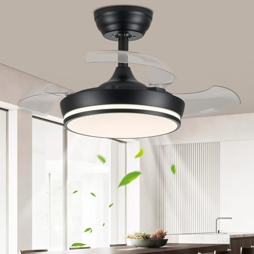 30 Inch Retractable Ceiling Fans with Lights, Dimmable Fandelier Ceiling Fan with Light and Remote/App Control, 6-Speed, Quietness, Reversible Black Chandelier Fan for Bedroom, Living Room