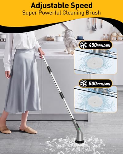 Image of Shower Scrubber with Long Handle, Shower Cleaner Brush with 8 Floor Machine Pads, Cordless Electric Spin Scrubber for Cleaning with 2 Speed, Cleaning Supplies for Bathroom Bathtub Kitchen Floor Toilet