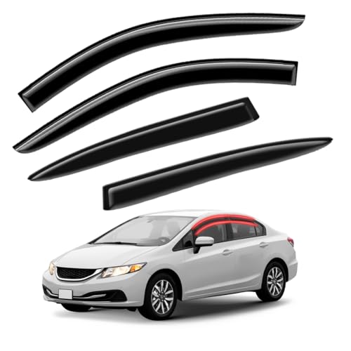 Window Visors Rain Guards FIT 2012, 2013, 2014, 2015, 2016 Honda Civic Sedan 4DR – Side Window Deflectors Vent Shades Sun/Rain Guards, 4PCS Smoke Tape-On Set